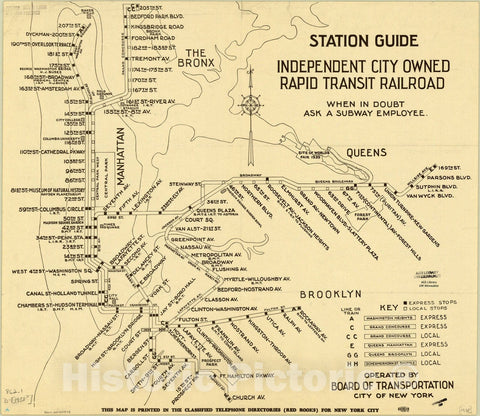 Map : New York subways 1938, Station guide, independent city owned rapid transit railroad , Antique Vintage Reproduction