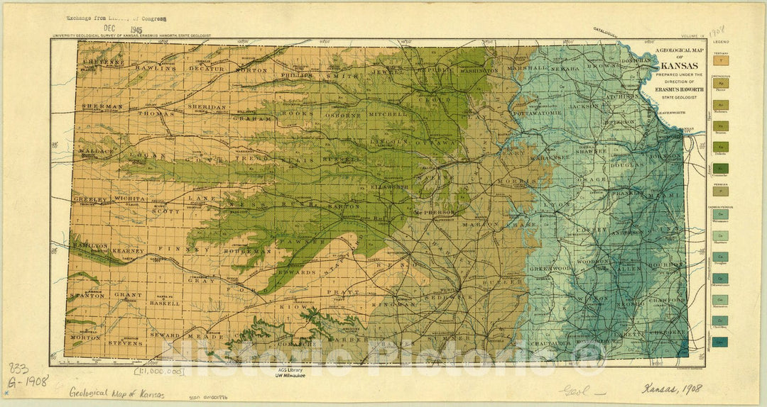 Map : Kansas 1908, A Geological map of Kansas , Antique Vintage Reproduction