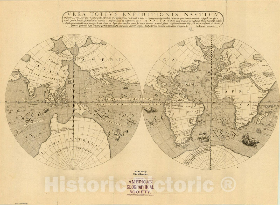 Map : World map 1595 1854, Vera totius expeditionis nautic?: descriptio D. Franc. Draci ... , Antique Vintage Reproduction