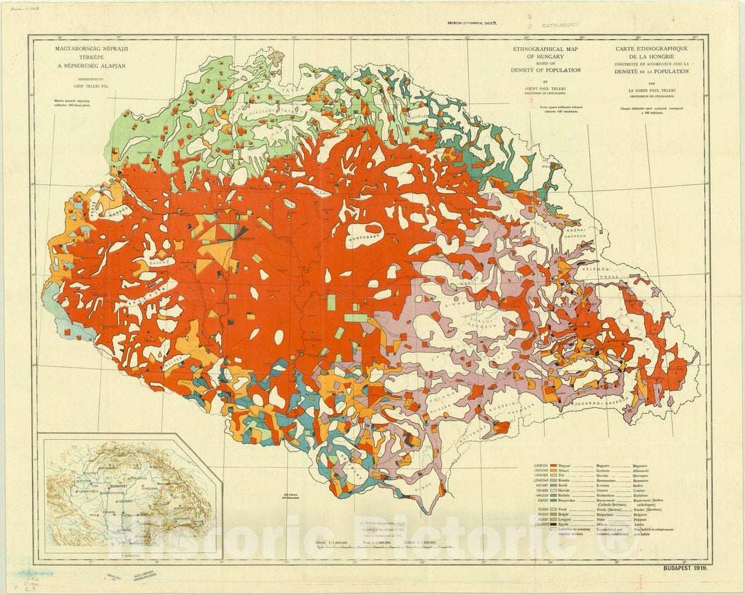 Map : Hungary 1919, Magyarorszag neprajzi terkepe a nepsuruseg alapjan, , Antique Vintage Reproduction