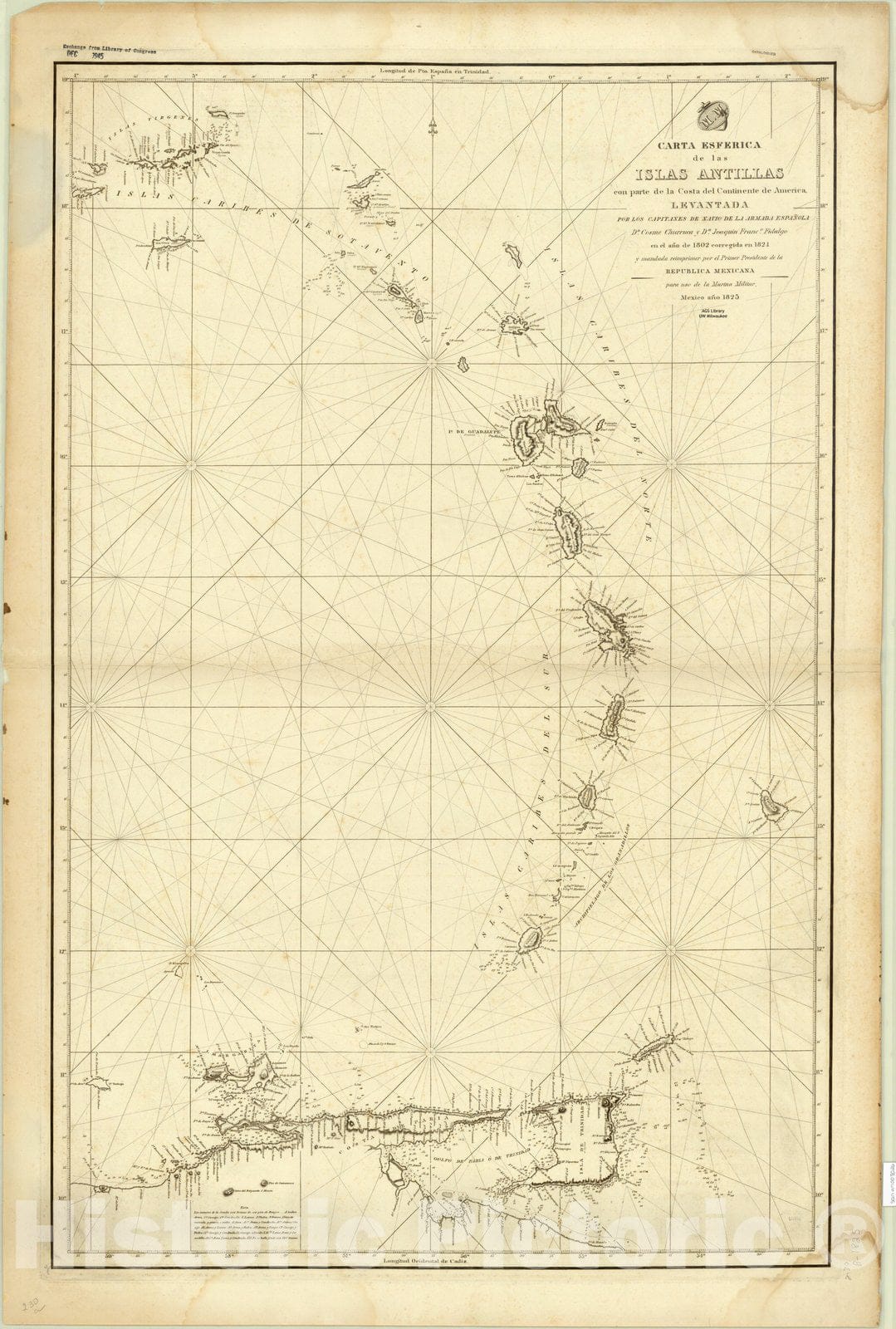 Map : West Indies 1825, Carta esferica de las Islas Antillas con parte de la costa del continente de America, Levantada , Antique Vintage Reproduction