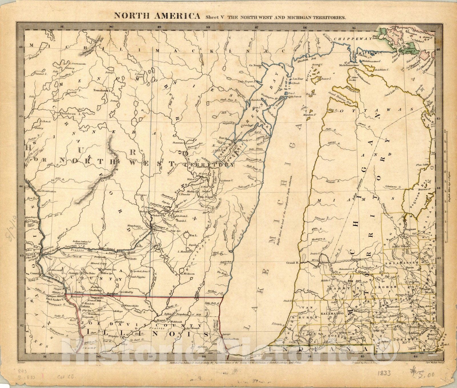 Map : Lake Michigan territory 1833, North America Sheet V : the North West and Michigan Territories , Antique Vintage Reproduction