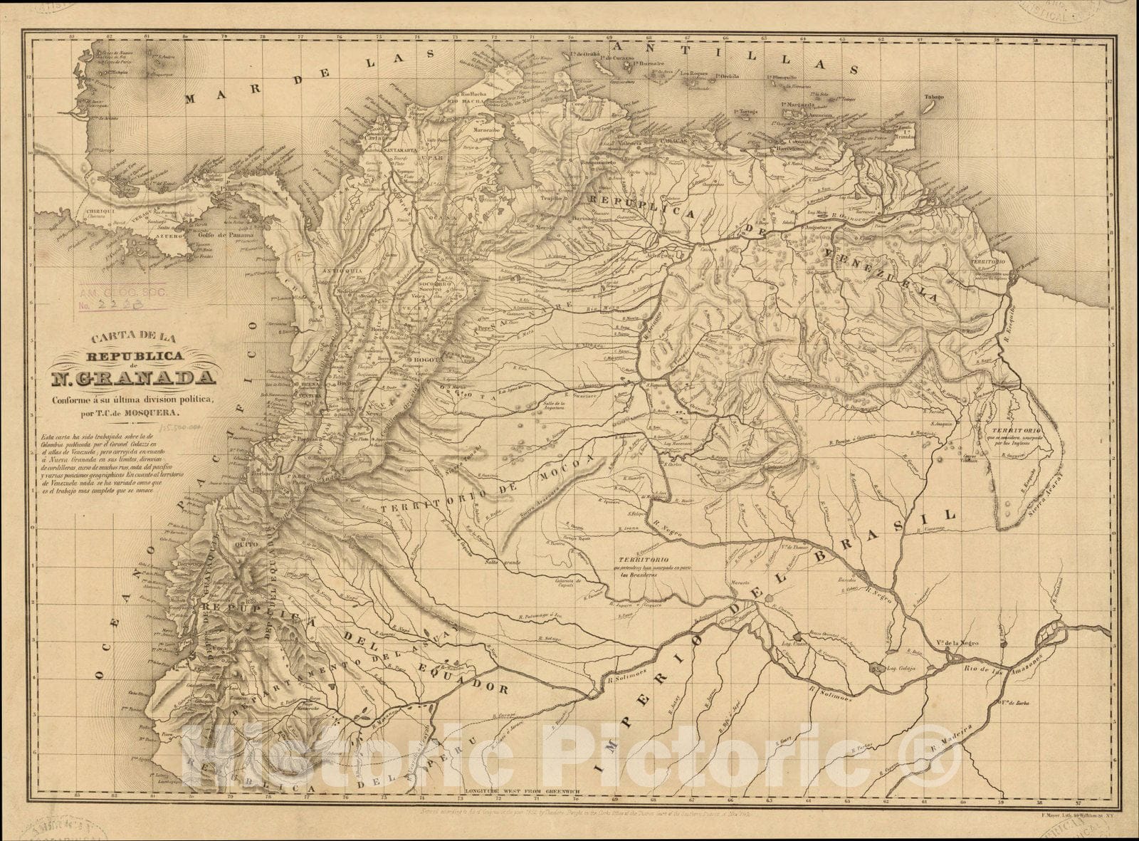 Map : Colombia 1852, Carta de la Republica de N. Granada conforme a su ultima division politica , Antique Vintage Reproduction