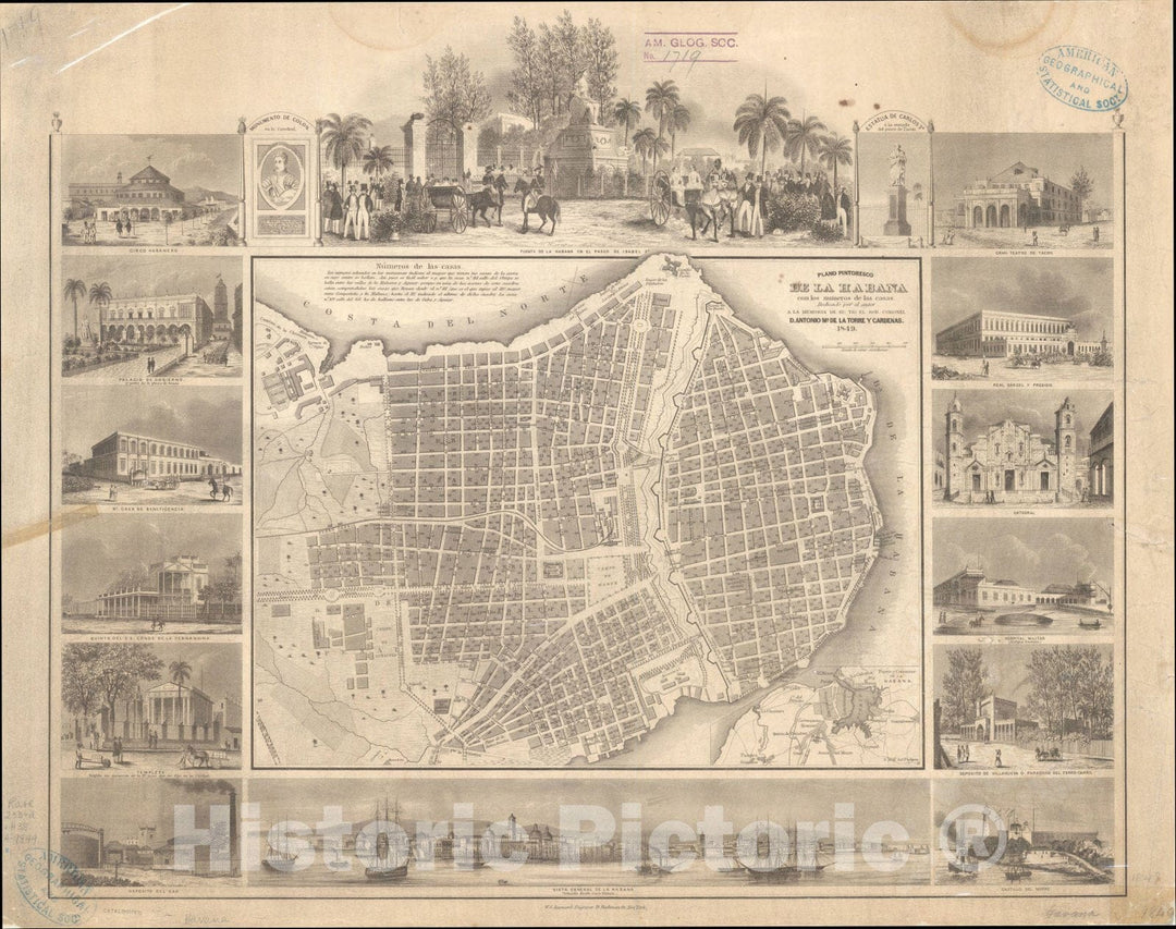 Map : Havana (Cuba) 1849, Plano pintoresco de la Habana con los numeros de las casas , Antique Vintage Reproduction