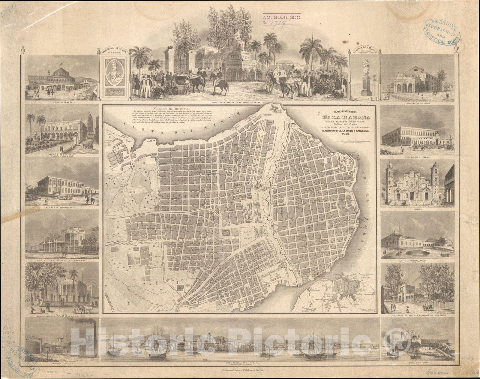 Map : Havana (Cuba) 1849, Plano pintoresco de la Habana con los numeros de las casas , Antique Vintage Reproduction