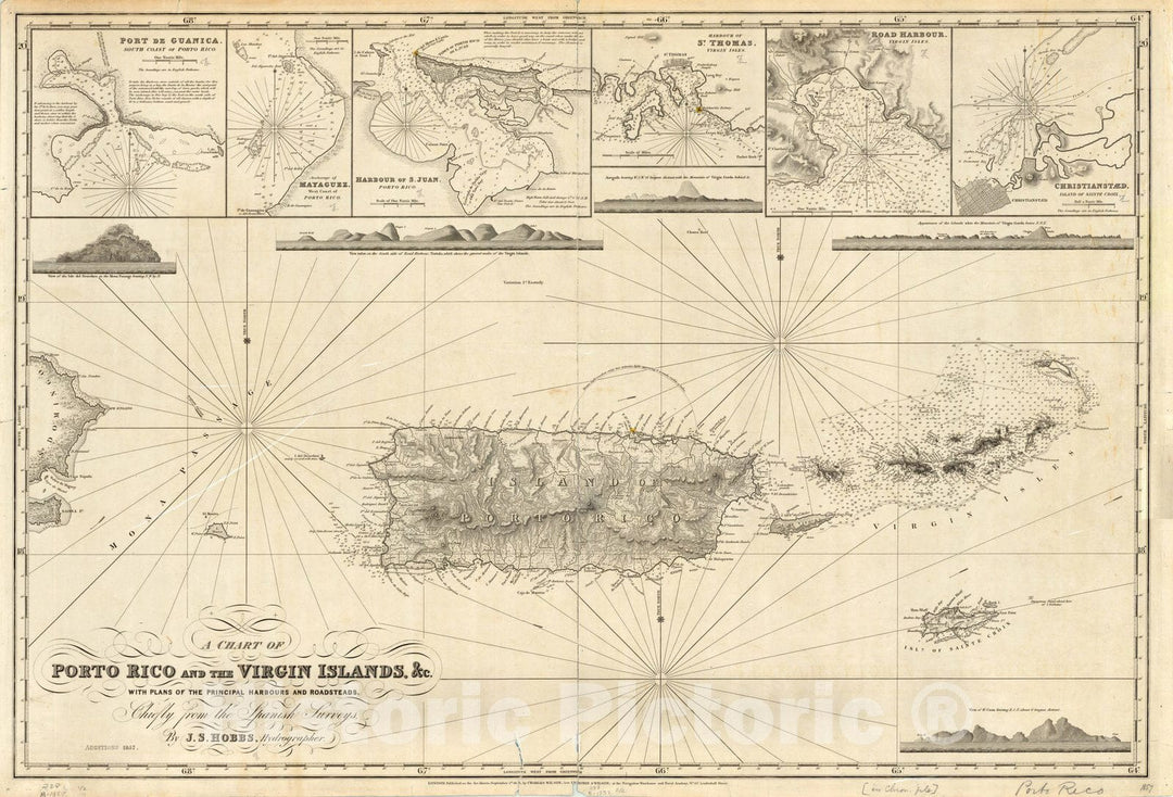 Map : Puerto Rico 1857, A chart of Porto Rico and the Virgin Islands, &c. with plans of the principal harbours and roadsteads , Antique Vintage Reproduction