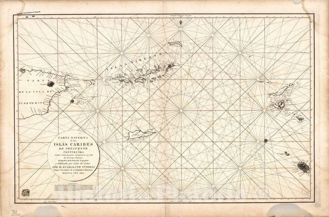 Historic Map : Leeward Islands (West Indies) 1825, Carta esferica de las Islas Caribes de Sotavento construido sobre operaciones geodesicas en 1795 , Antique Vintage Reproduction