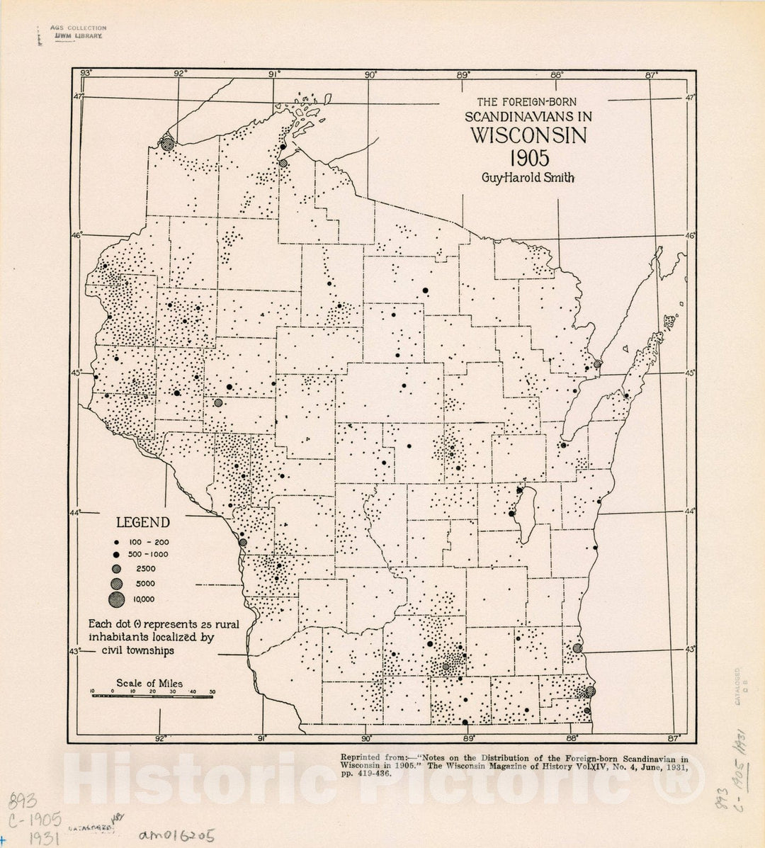 Map : Wisconsin 1931, The foreign-born Scandinavians in Wisconsin, 1905 , Antique Vintage Reproduction