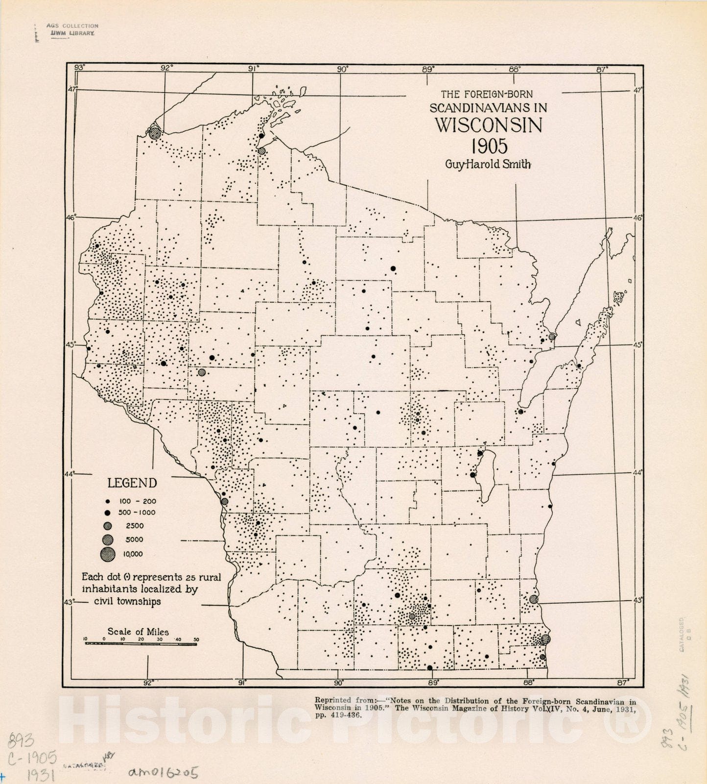 Map : Wisconsin 1931, The foreign-born Scandinavians in Wisconsin, 1905 , Antique Vintage Reproduction