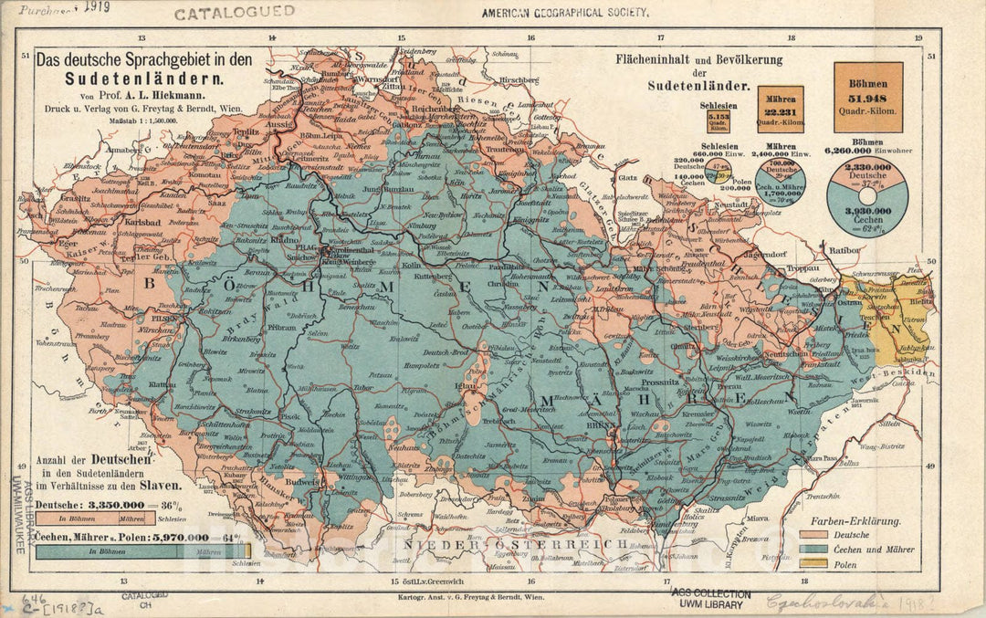 Map : Czech Republic and Slovakia 1918 German speaking areas of the Sudentenland, Das Deutsche Sprachgebiet in den Sudetenlandern , Antique Vintage Reproduction