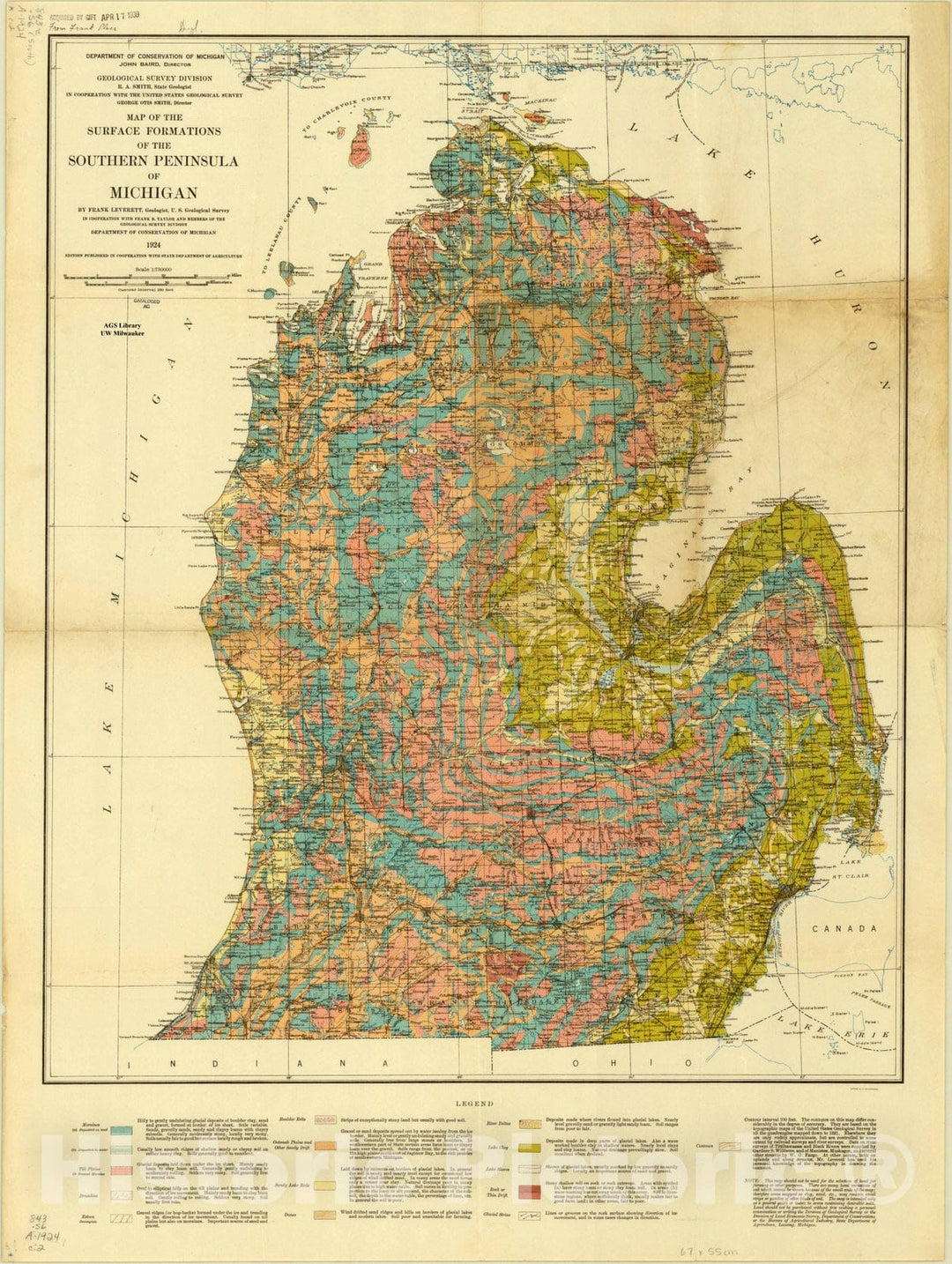 Map : Michigan 1924, Map of the surface formations of the southern peninsula of Michigan , Antique Vintage Reproduction