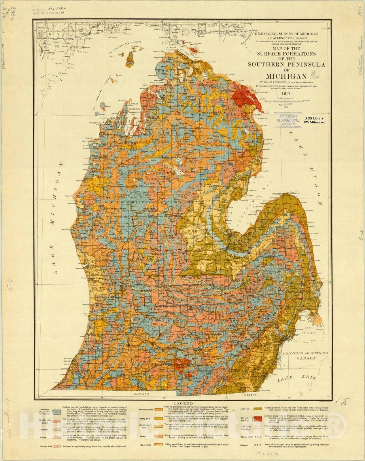 Map : Michigan 1911, Map of the surface formations of the Southern Peninsula of Michigan , Antique Vintage Reproduction