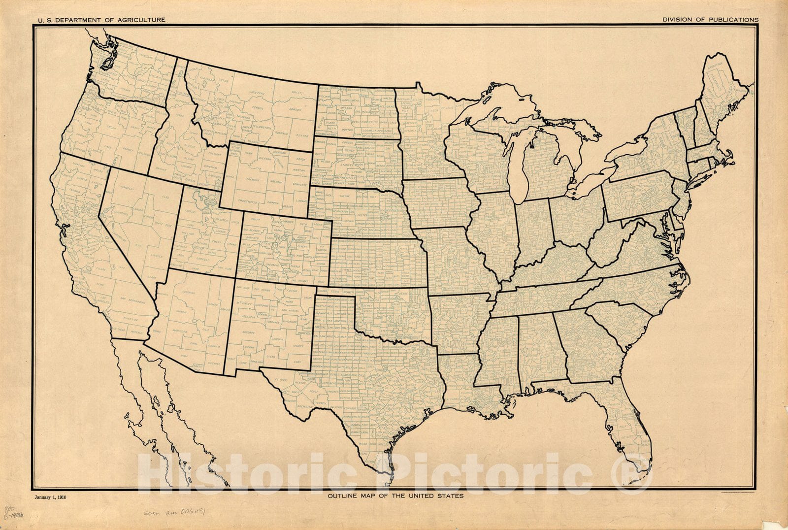 Map : United States 1910, Outline map of the United States , Antique Vintage Reproduction