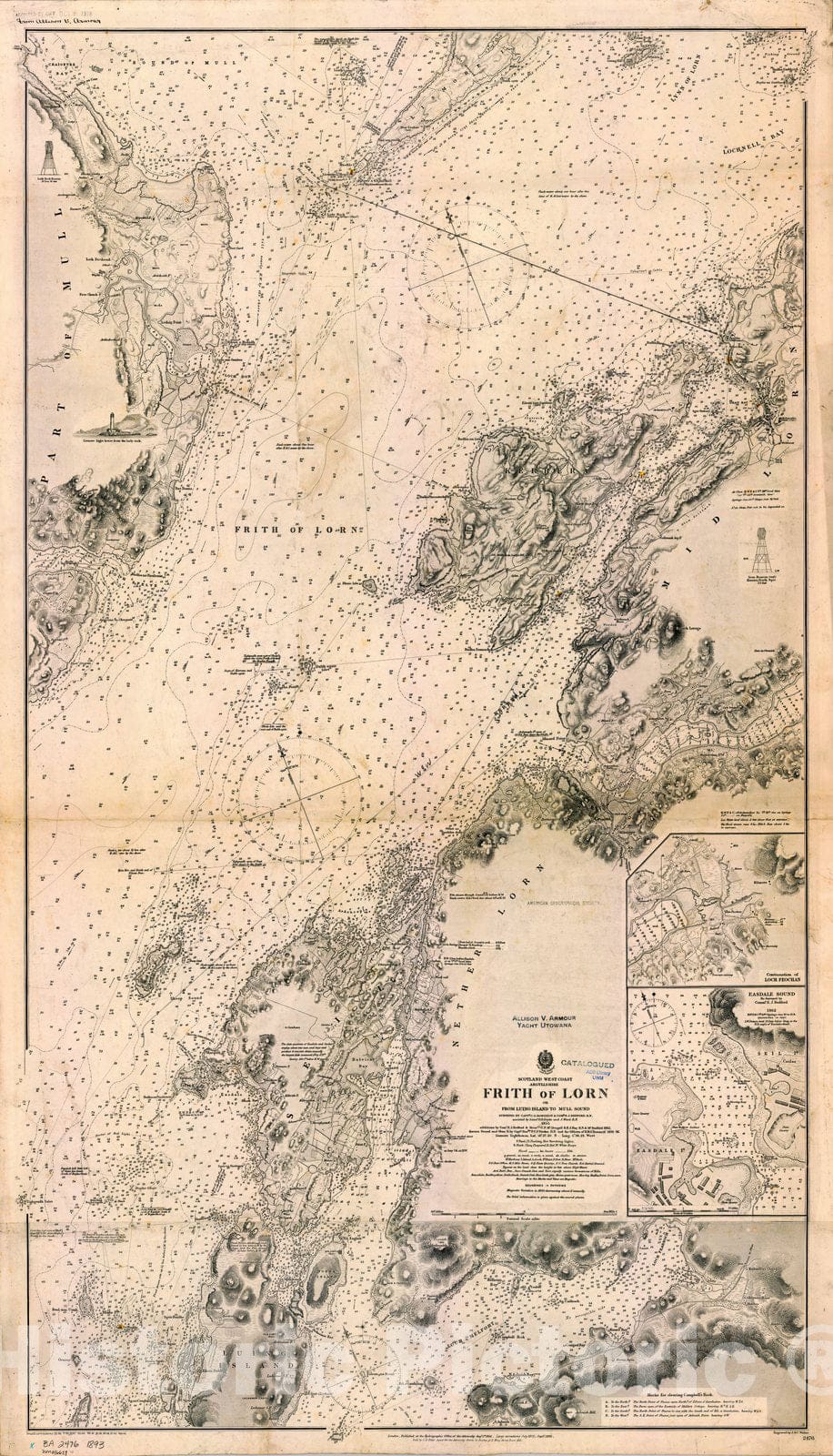 Map : Scotland, West Coast 1893, Scotland west coast, Argyllshire, Frith of Lorn or from Luing Island to Mull Sound , Antique Vintage Reproduction