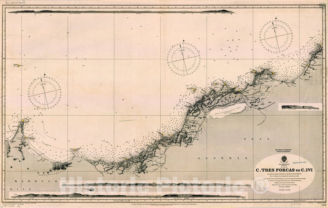 Map : Mediterranean Africa 1911, Mediterranean, Africa, C. Tres Forcas to C. Ivi , Antique Vintage Reproduction