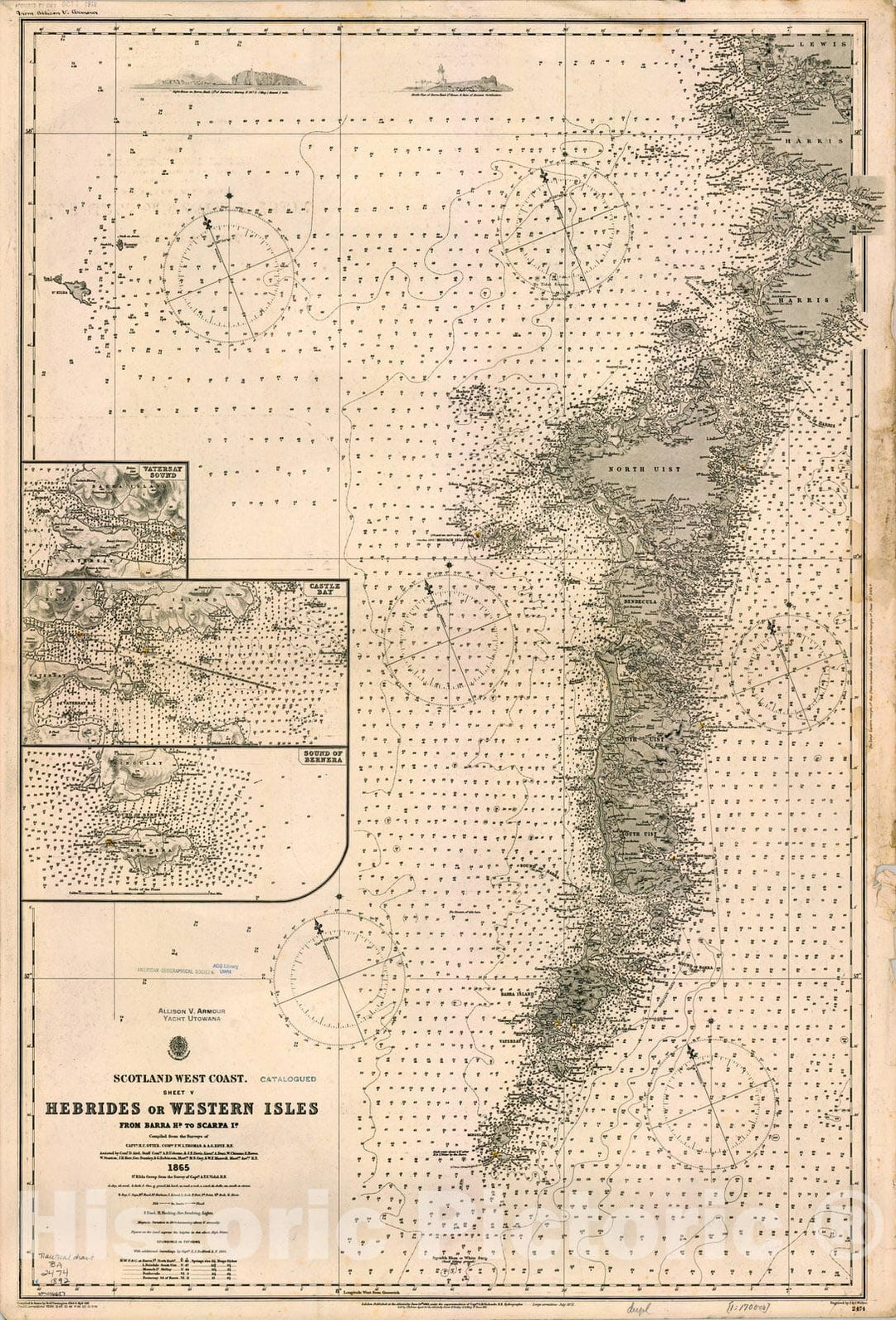 Map : Scotland, West Coast 1892, Scotland, West Coast. sheet V Hebrides or Western Isles from Barra Hd. to Scarpa Id. , Antique Vintage Reproduction