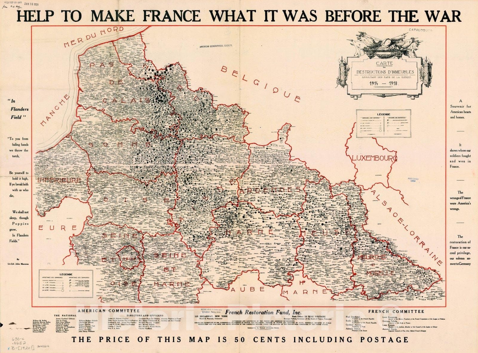 Map : France 1920 1, Help to make France what it was before the war, Antique Vintage Reproduction