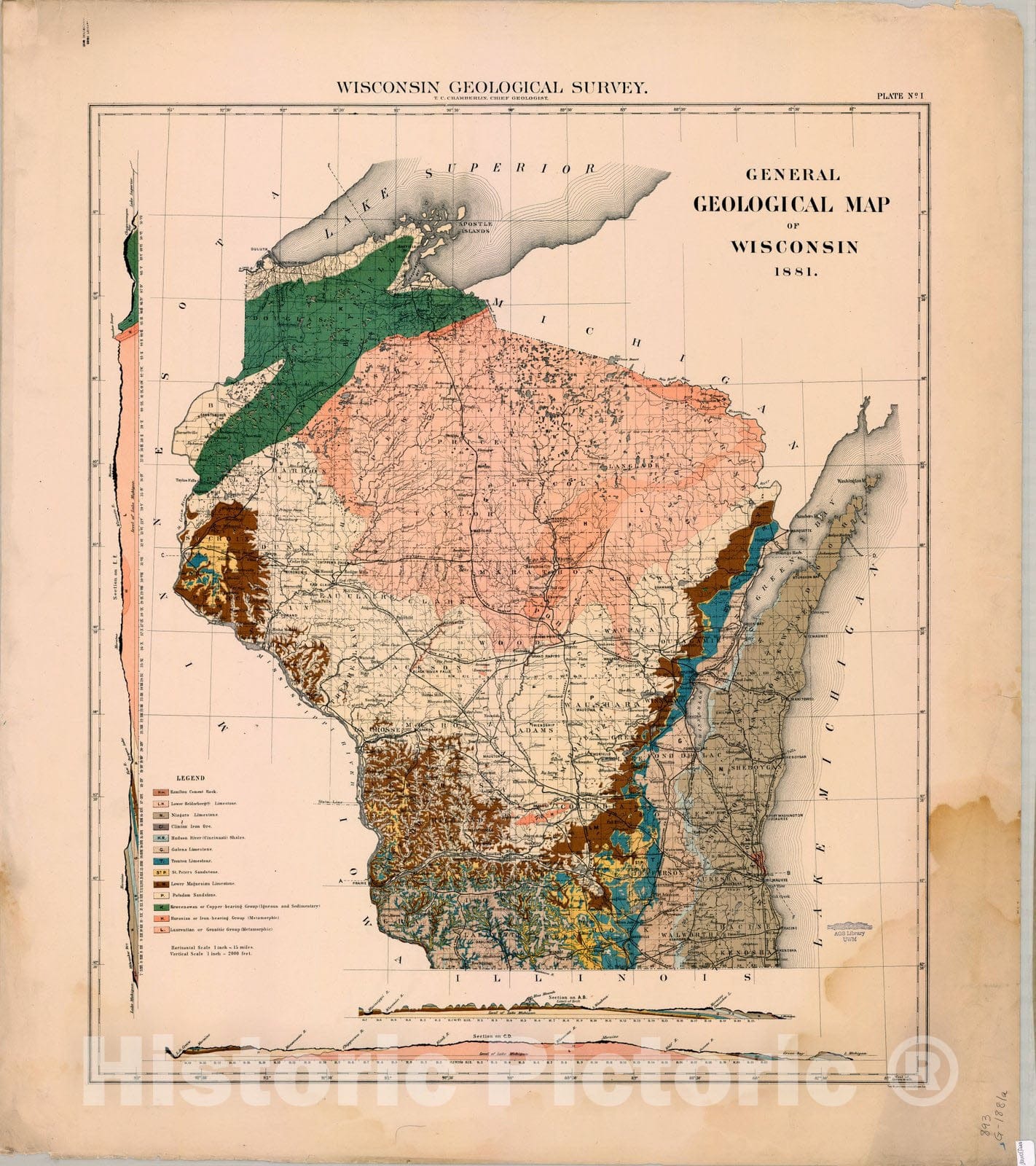 Map : Wisconsin 1881 1, General geological map of Wisconsin, 1881 , Antique Vintage Reproduction