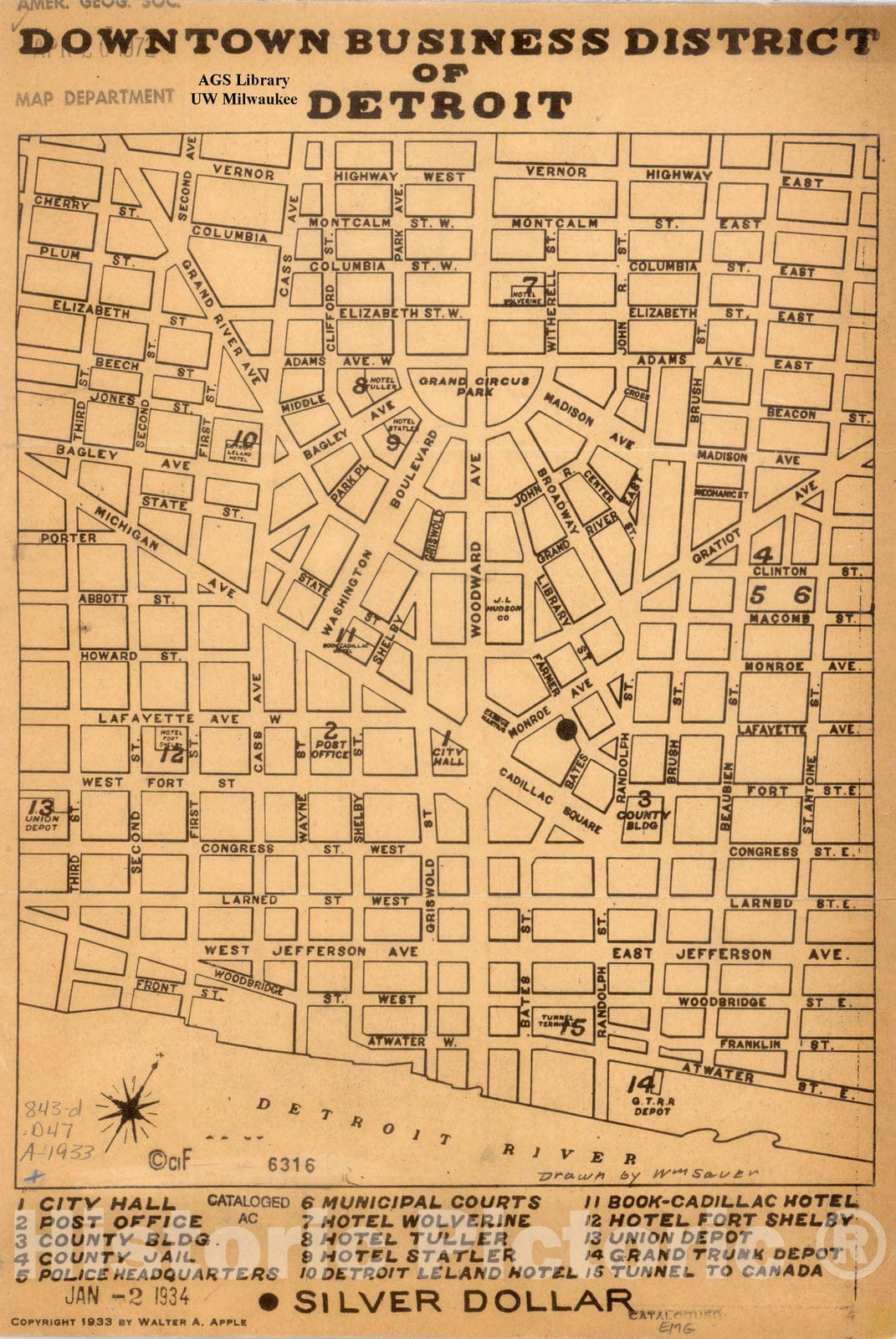 Map : Detroit, Michigan 1933, Downtown business district of Detroit , Antique Vintage Reproduction