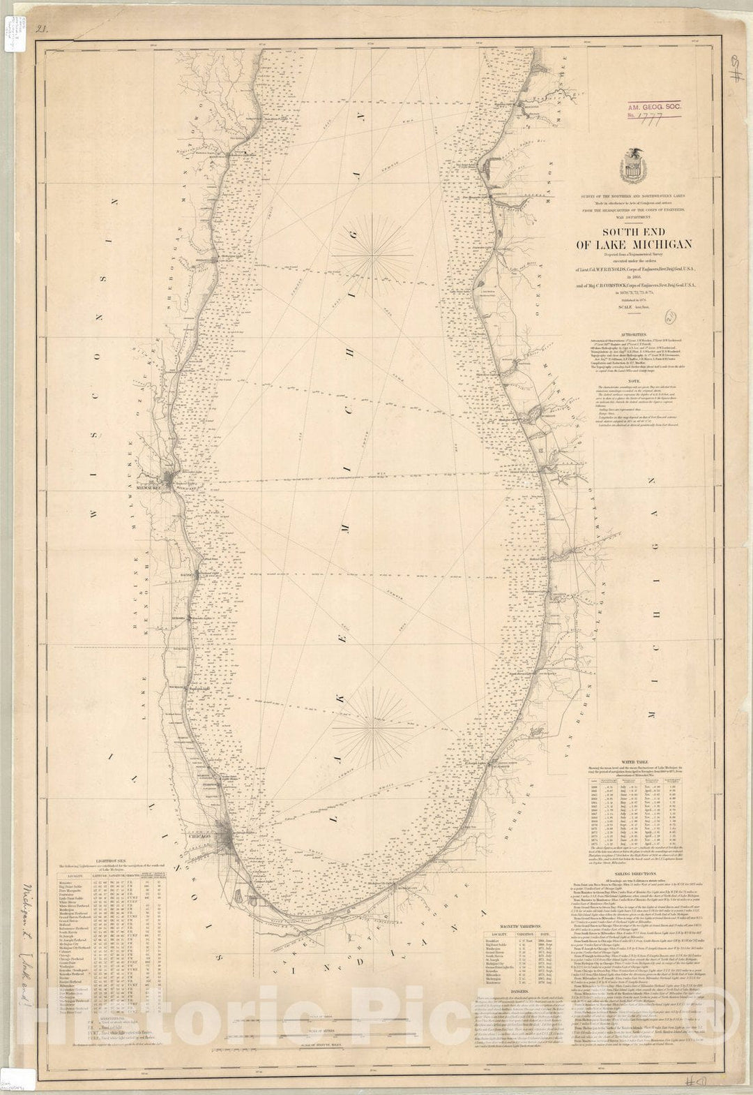 Map : Lake Michigan 1876, South end of Lake Michigan , Antique Vintage Reproduction