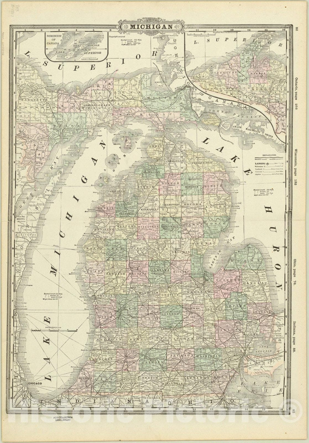 Map : Michigan 1887, Michigan, Antique Vintage Reproduction