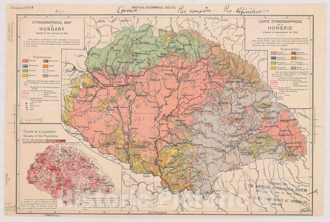 Historic Map : Hungary 1910, Ethnographical map of Hungary based on the census of 1910, Carte ethnographique de la Hongrie d'apres le recensement de 1910, Antique Vintage Reproduction