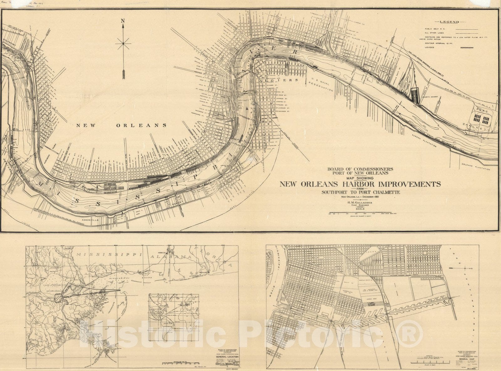 Map : New Orleans (Louisiana) 1922, Map showing New Orleans harbor improvements from Southport to Port Chalmette , Antique Vintage Reproduction