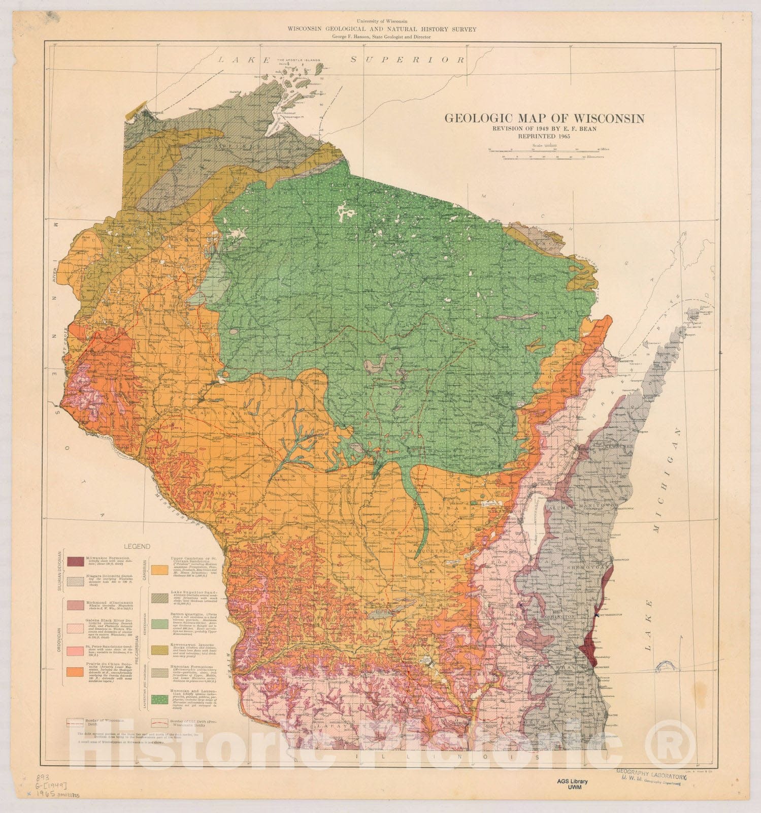 Map : Wisconsin 1965, Geologic map of Wisconsin, Antique Vintage Reproduction