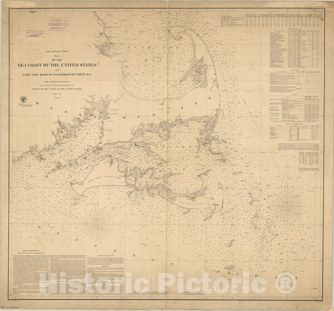 Historic Map : Cape Cod, Massechusetts 1857, Preliminary chart no. 4 of the sea coast of the United States from Cape Cod Mass. to Saughkonnet Point R.I. , Antique Vintage Reproduction