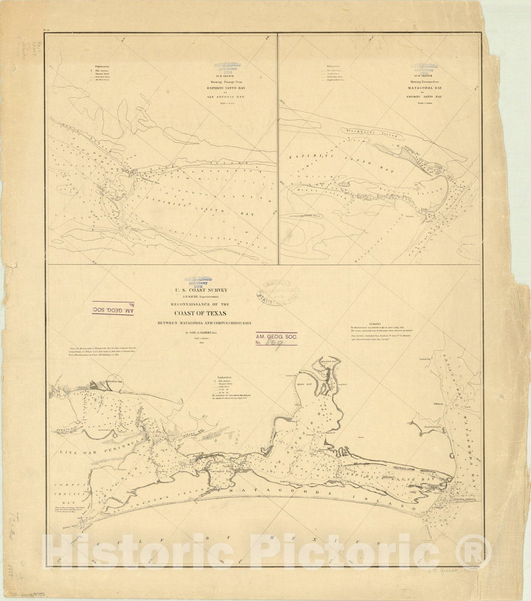 Map : Matagorda and Corpus Christi Bays, Texas 1858, Reconnaissance of the coast of Texas between Matagorda and Corpus Christi Bays , Antique Vintage Reproduction