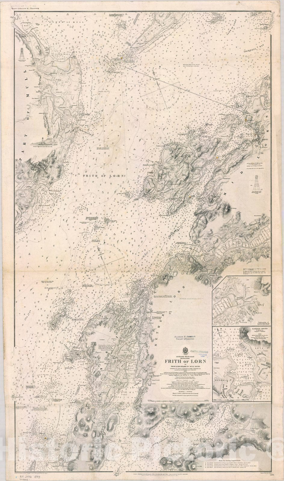 Map : Scotland West Coast 1893, Scotland west coast, Argyllshire, Frith of Lorn or from Luing Island to Mull Sound , Antique Vintage Reproduction