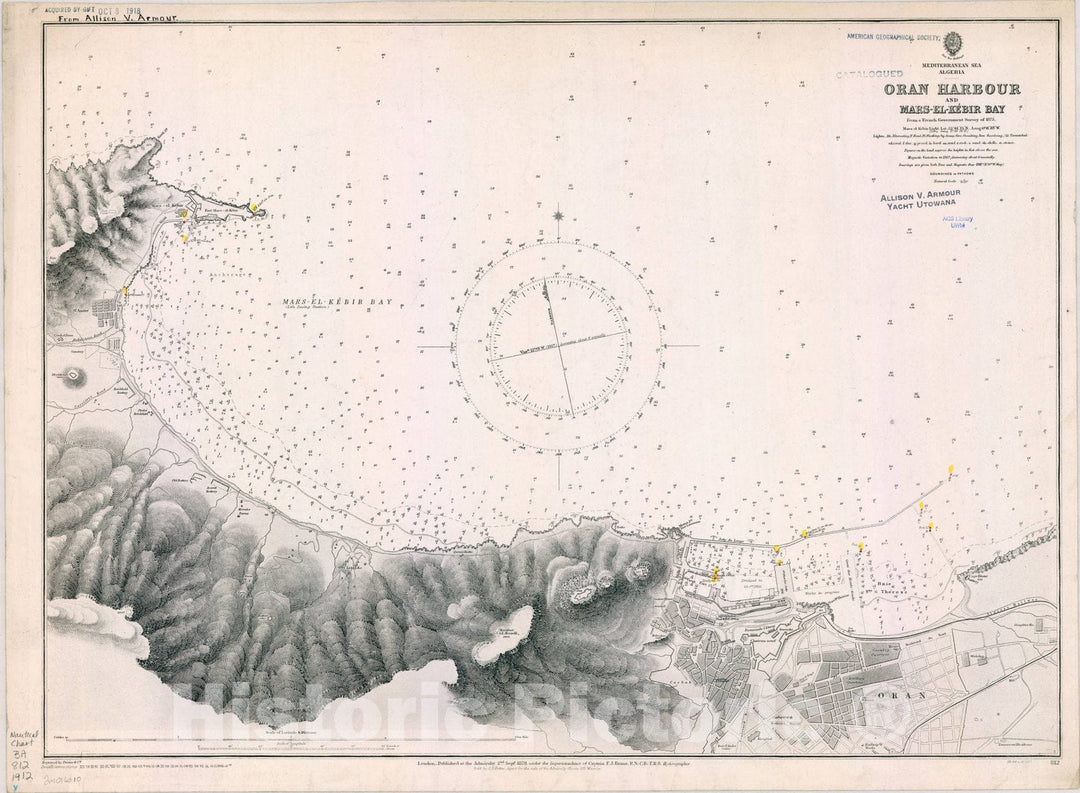 Map : Algeria Mediterranean Sea 1912, Mediterranean Sea, Algeria, Oran Harbour and Mars-El-Ke?bir Bay , Antique Vintage Reproduction