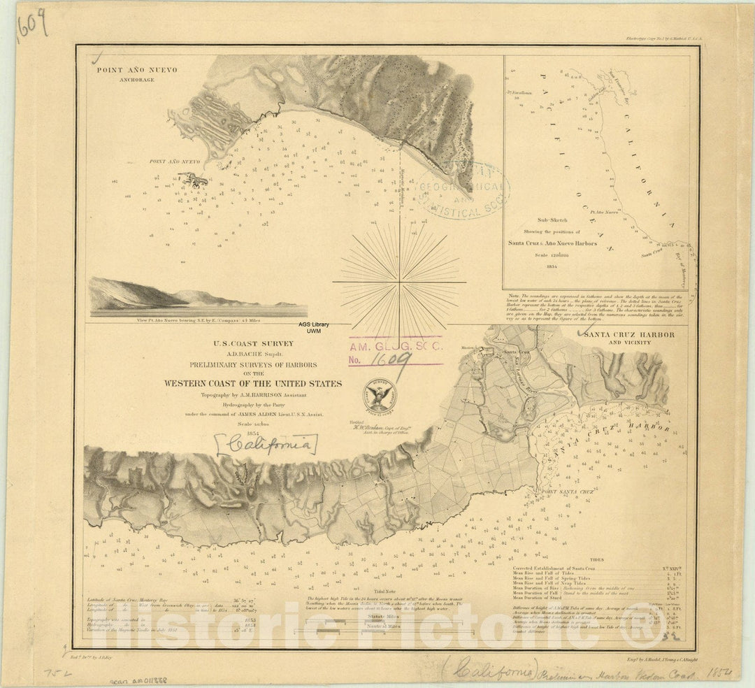 Map : United States West Coast 1854, Preliminary surveys of harbors on the western coast of the United States , Antique Vintage Reproduction