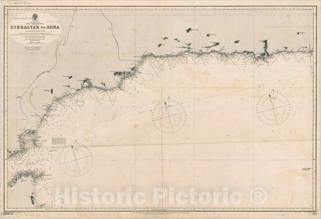 Map : Spain South East Coast 1908, Mediterranean, Spain, South East coast, Gibraltar to Adra , Antique Vintage Reproduction