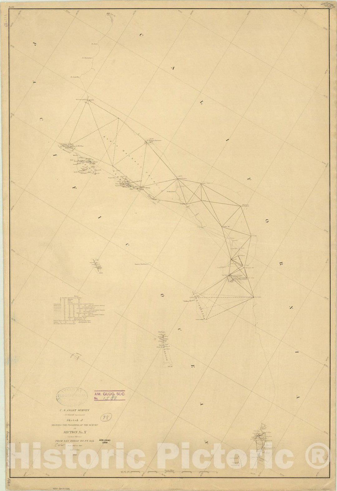 Map : San Diego, California 1860, Sketch J showing the progress of the survey in section no. X (lower sheet) from San Diego to Pt. Sal from 1850 to 1860