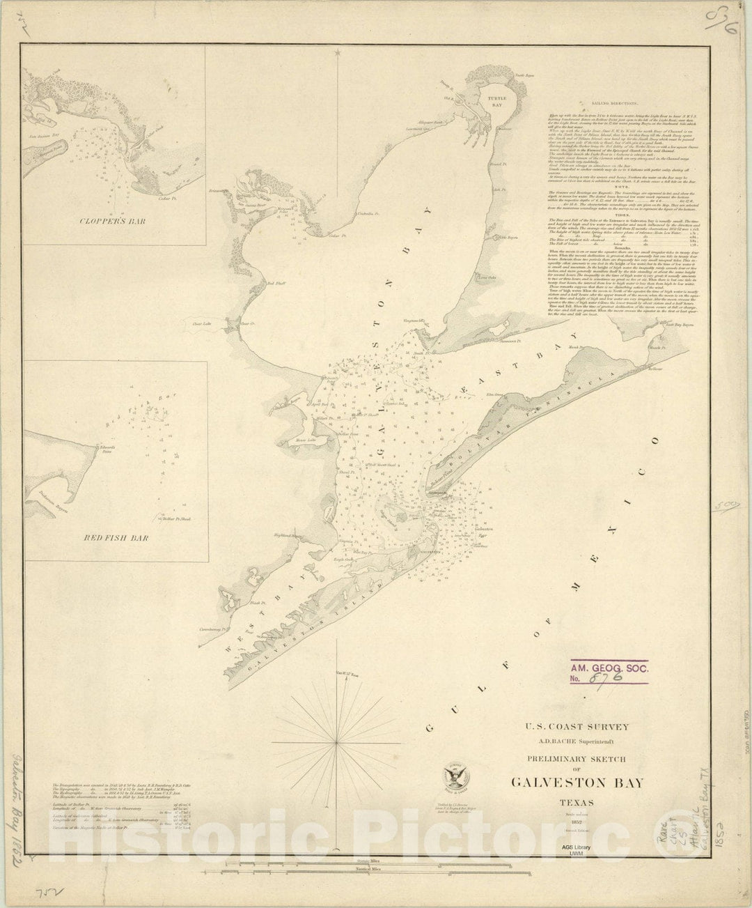 Map : Galveston Bay, Texas 1852, Preliminary sketch of Galveston Bay, Texas , Antique Vintage Reproduction