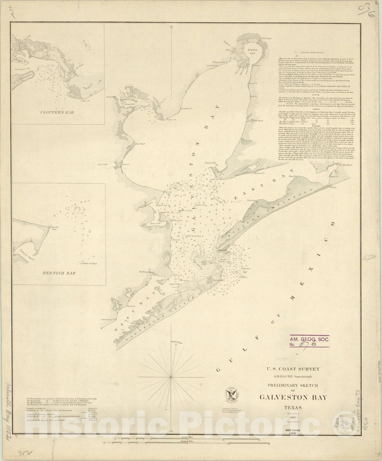 Map : Galveston Bay, Texas 1852, Preliminary sketch of Galveston Bay, Texas , Antique Vintage Reproduction