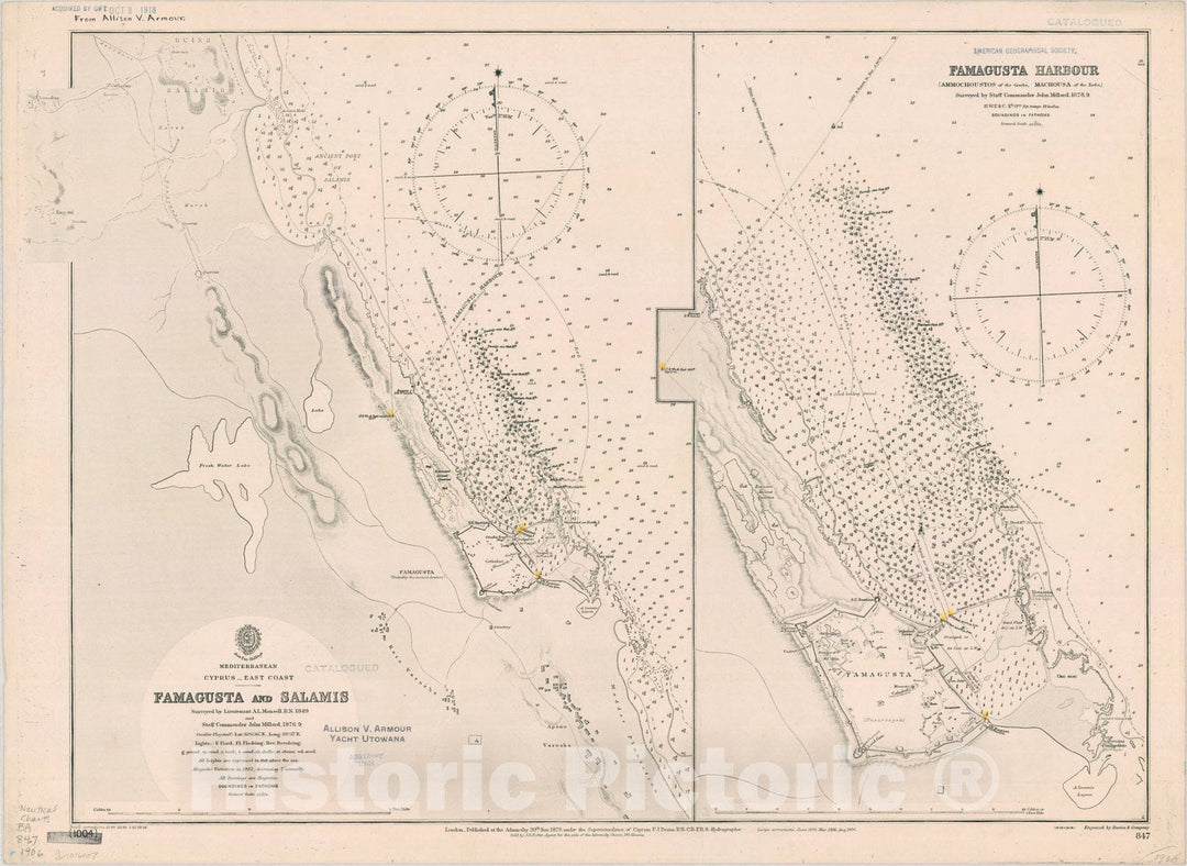 Map : Cyprus 1906, Mediterranean, Cyprus, East coast Famagusta and Salamis , Antique Vintage Reproduction