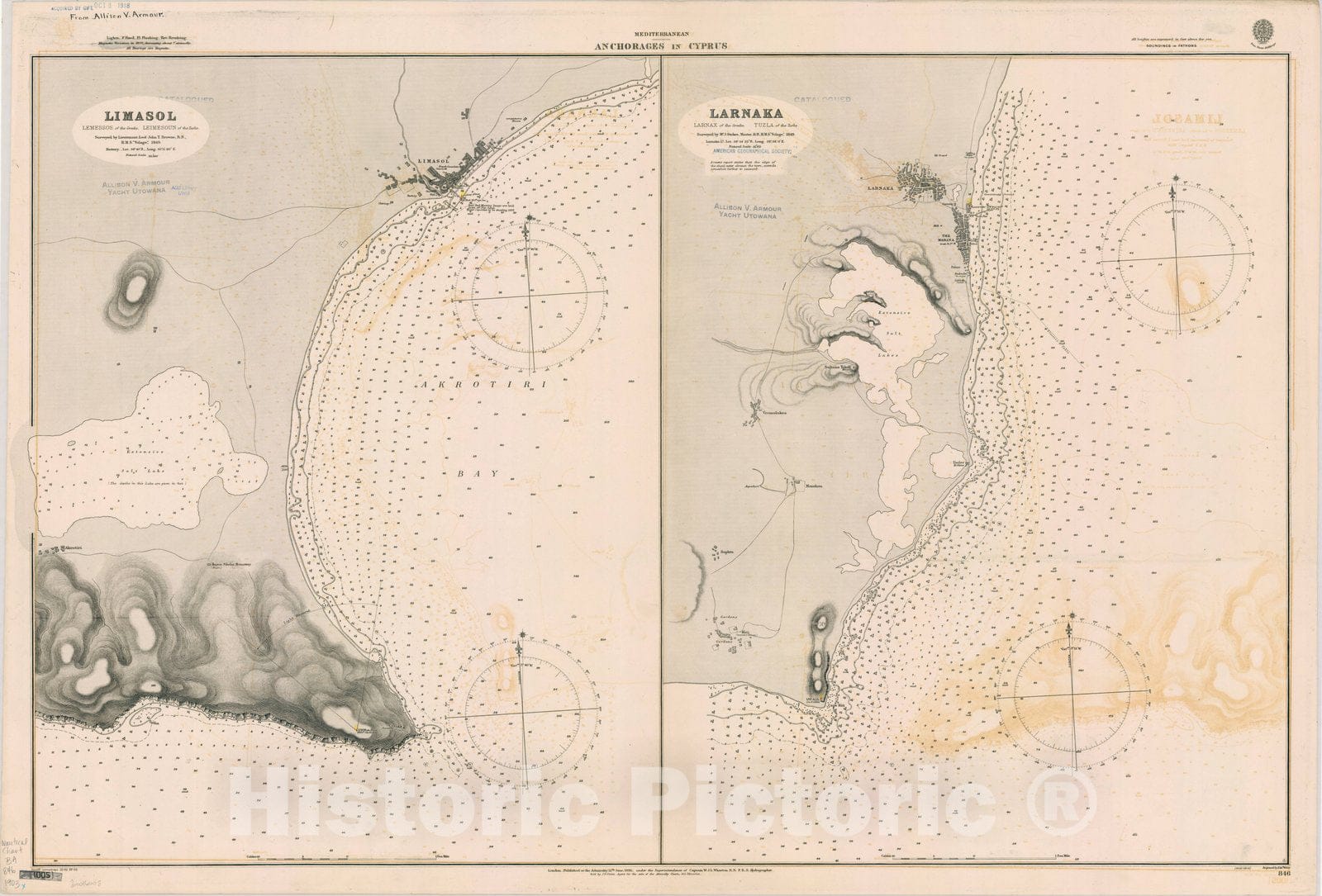 Map : Cyprus 1903, Mediterranean : anchorages in Cyprus , Antique Vintage Reproduction