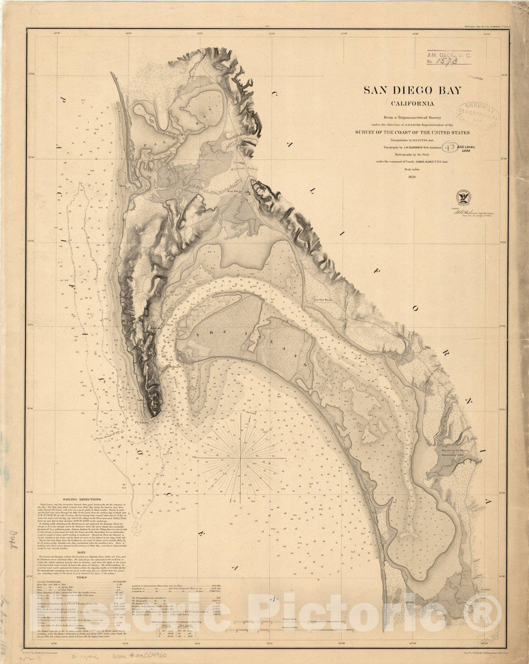 Map : San Diego Bay, California 1859, San Diego Bay, California , Antique Vintage Reproduction