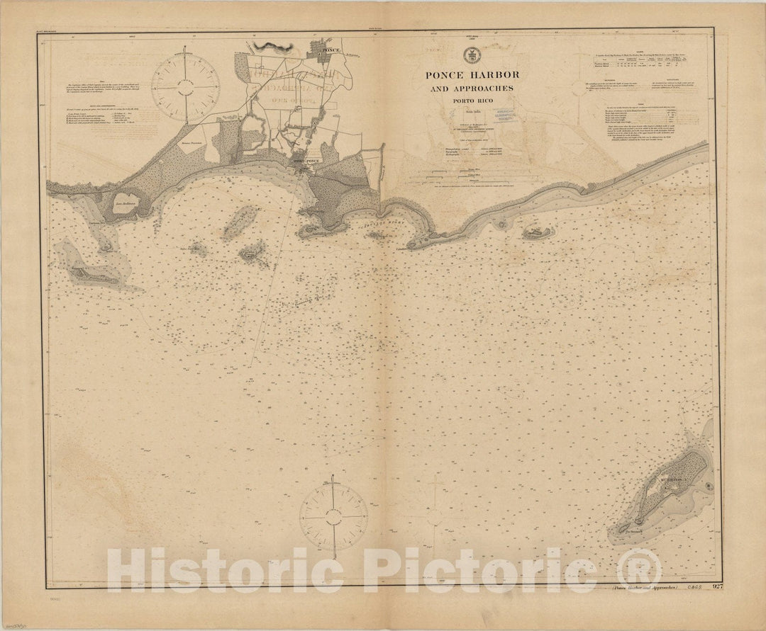 Map : Ponce Harbor, Puerto Rico 1908, Ponce Harbor and approaches, Porto Rico , Antique Vintage Reproduction