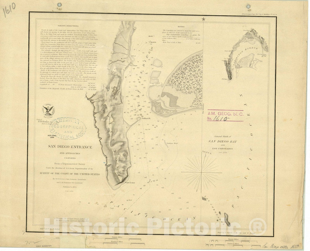 Map : San Diego, California 1853, San Diego entrance and approaches : California , Antique Vintage Reproduction