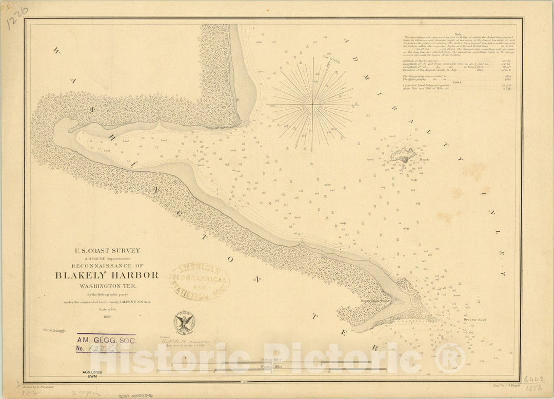 Map : Blakely Harbor, Washington 1856, Reconnaissance of Blakely Harbor, Washington Ter. , Antique Vintage Reproduction