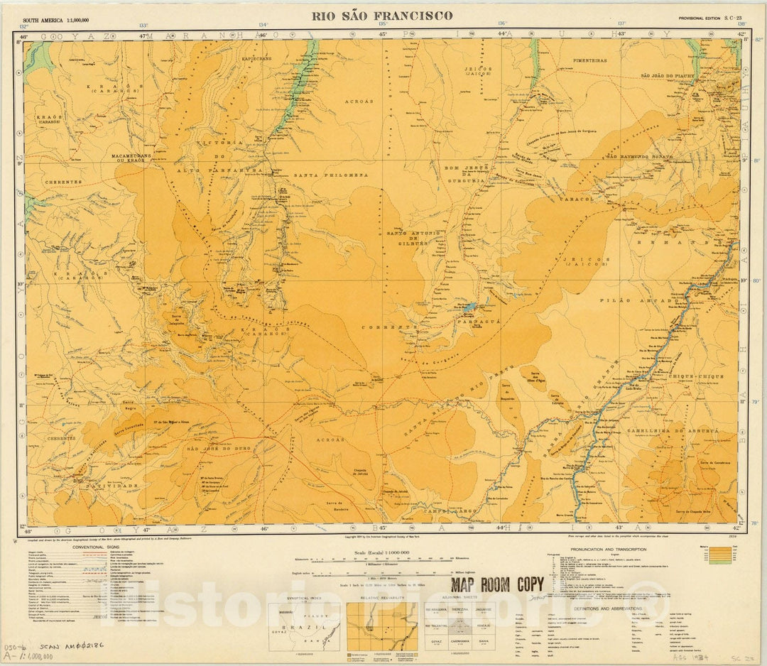 Map : Rio Sao Francisco, Brazil 1934, Map of Hispanic America, Antique Vintage Reproduction