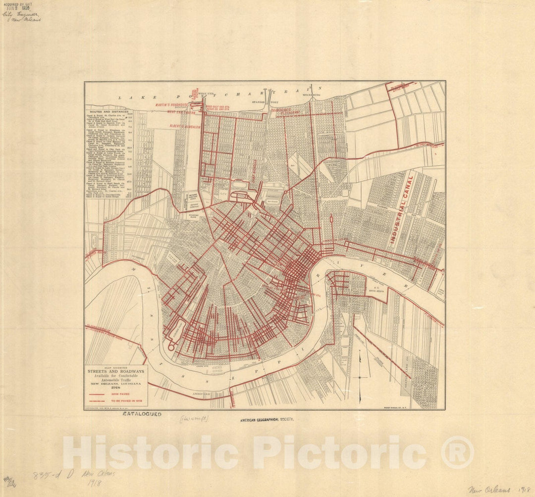 Historic Map : New Orleans (Louisiana) 1918, Map showing streets and roadways available for comfortable automobile traffic : New Orleans, Louisiana, 1918, Antique Vintage Reproduction