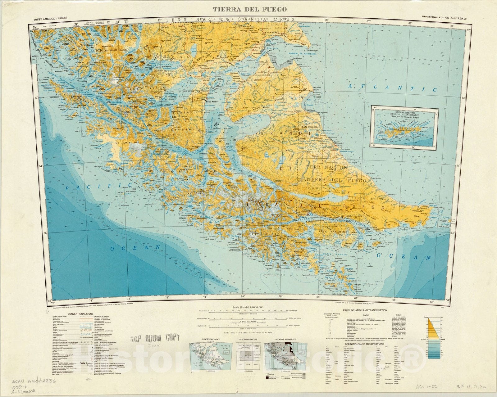 Map : Tierra Del Fuego, Chile 1956, Map of Hispanic America, Antique Vintage Reproduction