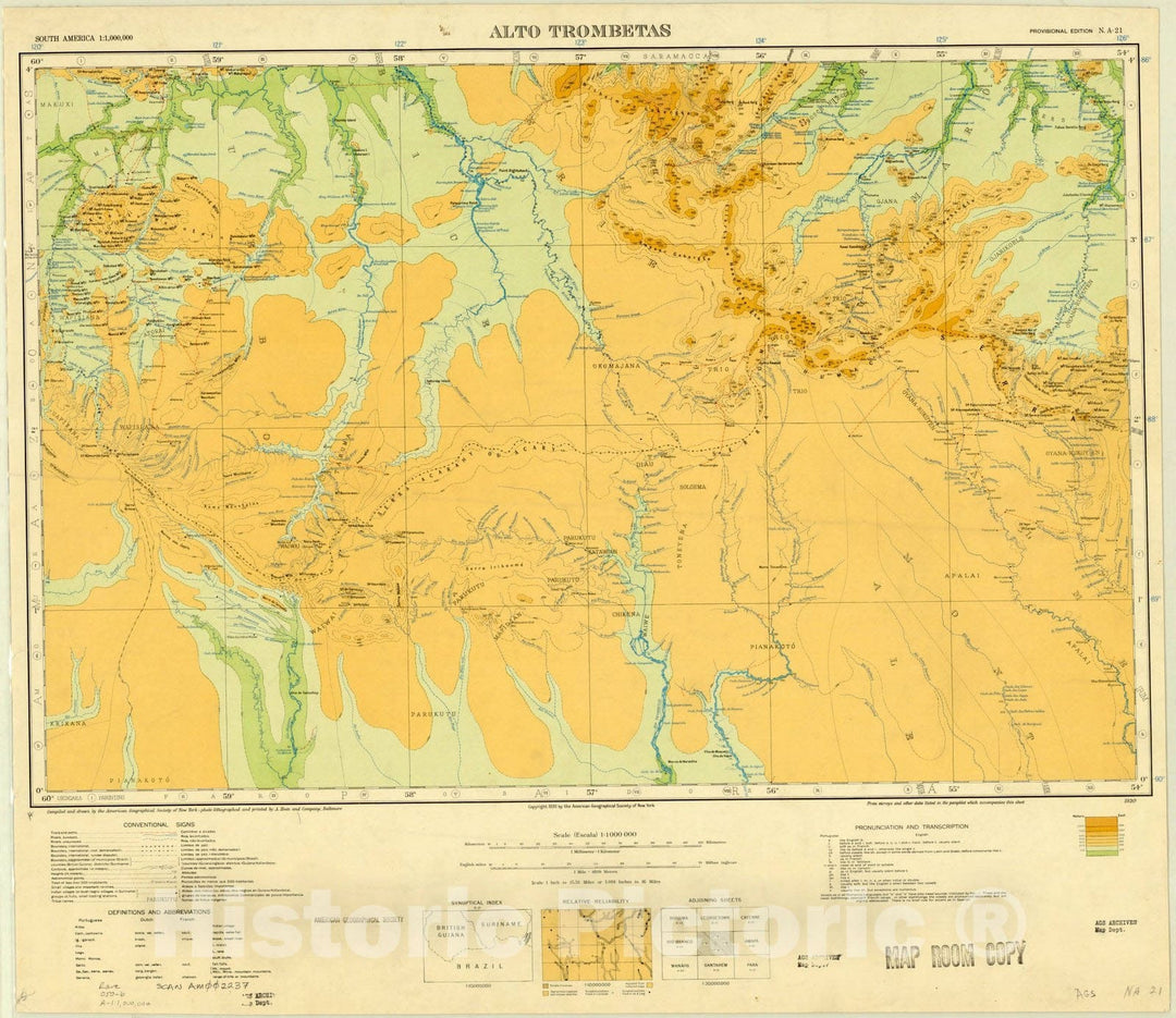 Map : Alto Trombetas, Brazil, British Guiana and Suriname 1930, Map of Hispanic America, Antique Vintage Reproduction