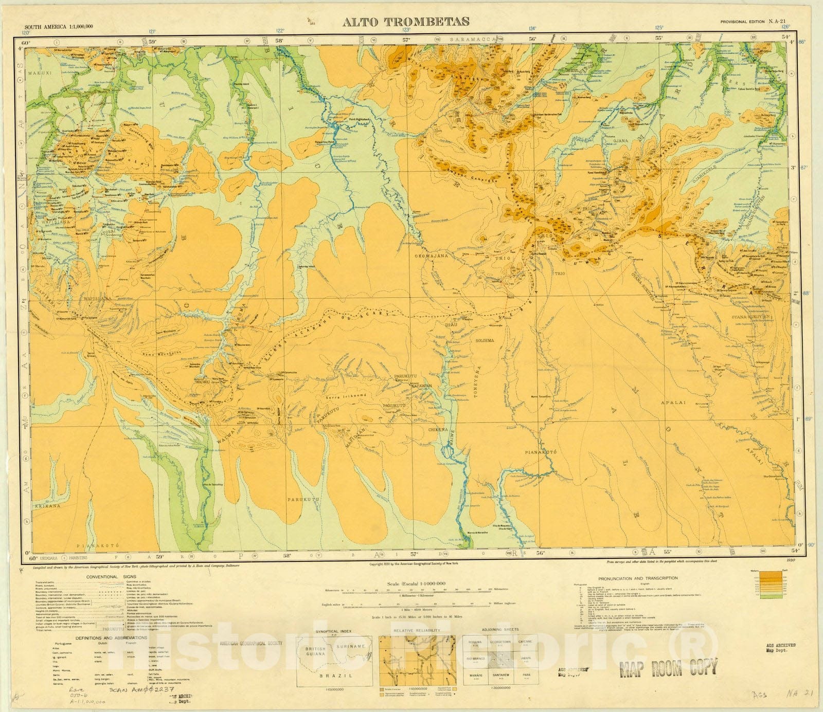 Map : Alto Trombetas, Brazil, British Guiana and Suriname 1930, Map of Hispanic America, Antique Vintage Reproduction