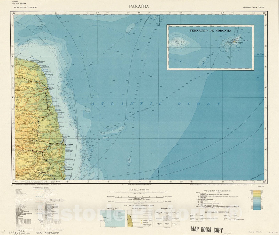 Map : Paraba, Brazil 1938 1949, Map of Hispanic America, Antique Vintage Reproduction