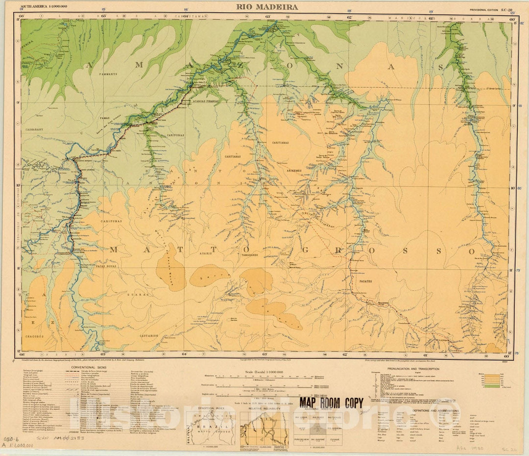 Map : Rio Madeira, Brazil 1930, Map of Hispanic America, Antique Vintage Reproduction